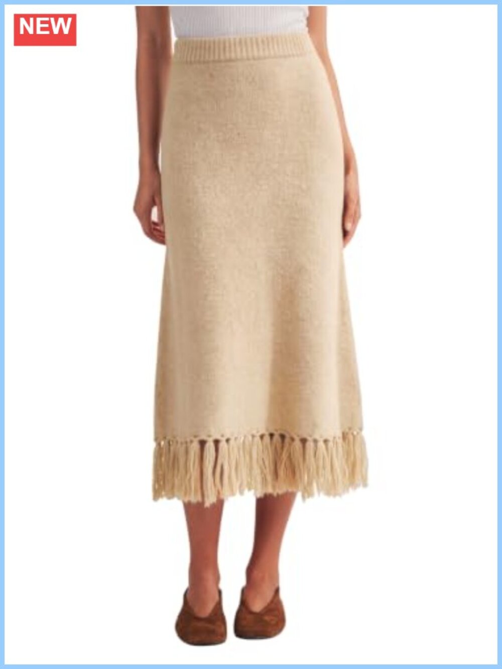High Waisted Fringe Hem Midi Skirt Casual A-Line Knit